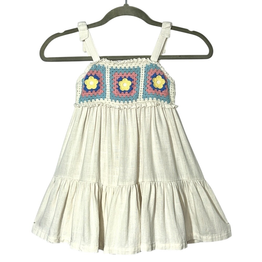 Haute‎ Hippie Girls White Dress blue pink Crochet Floral Top Linen Rayon Size 5